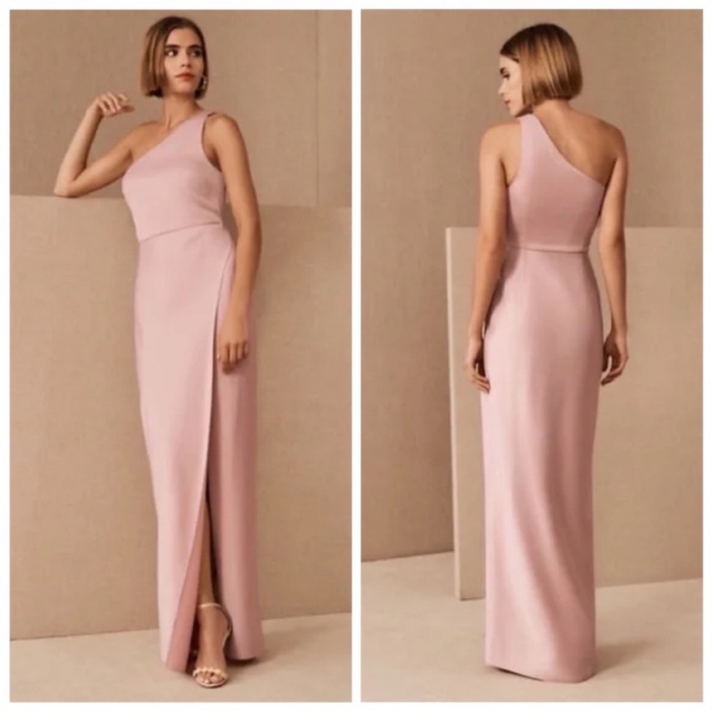 BHLDN Dylan Satin Charmeuse One Shoulder Front Slit Maxi Dress Dusty Rose Pink